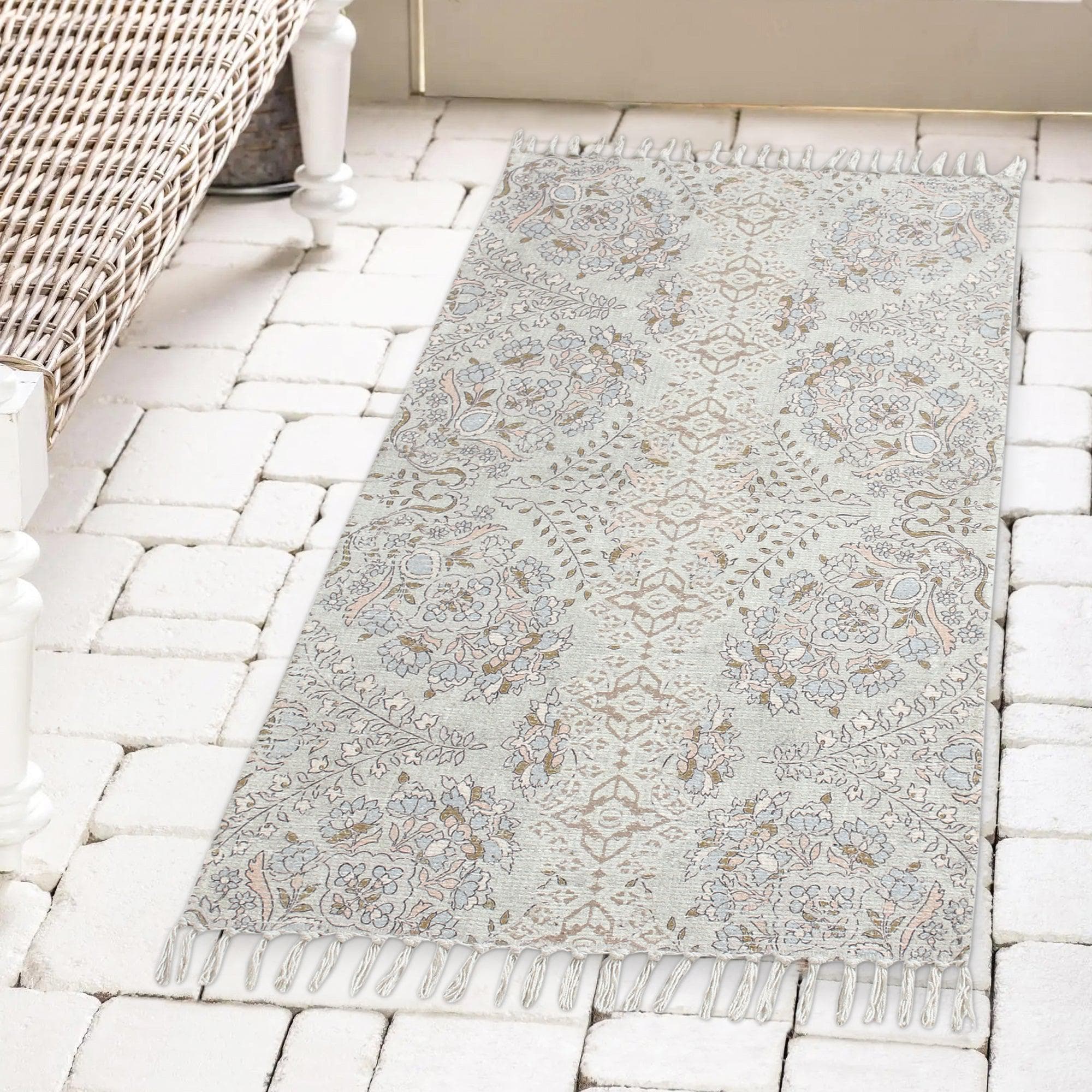 Patina Vie Maison Rugs 2' x 5' / Tan / Terracotta Floral Hand Tufted Boho Accent Rug with Tassels