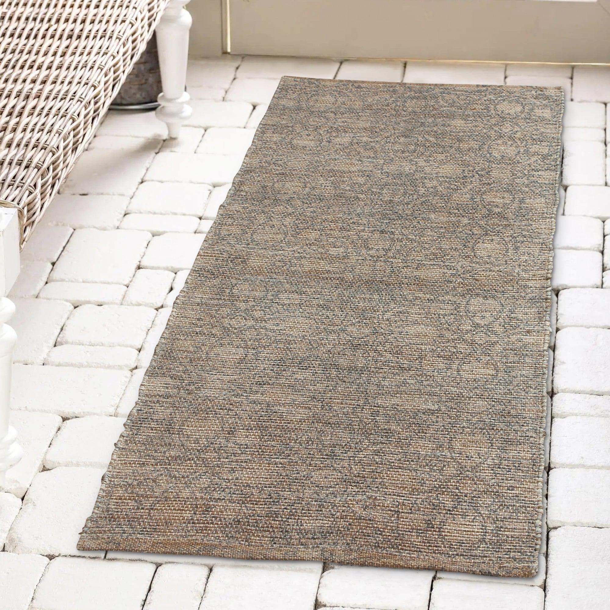 Patina Vie Maison Rugs 2' x 5' / Brown / Navy Floral Hand Tufted Cotton/Jute Flatweave Boho Rug