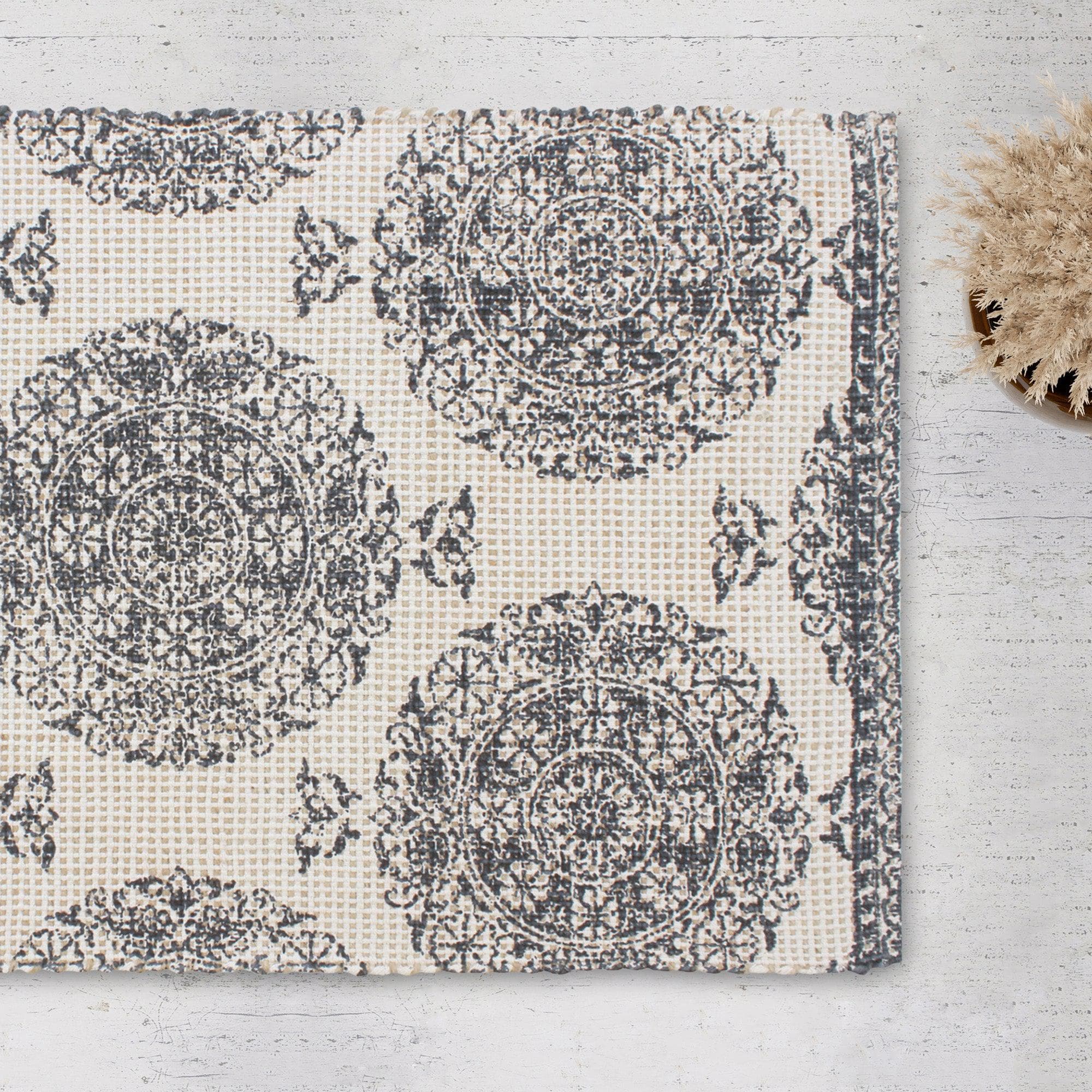 Patina Vie Maison Rugs 3’ x 5’ / Navy Medallion Floral Hand Tufted Cotton/Jute Flatweave Boho Rug