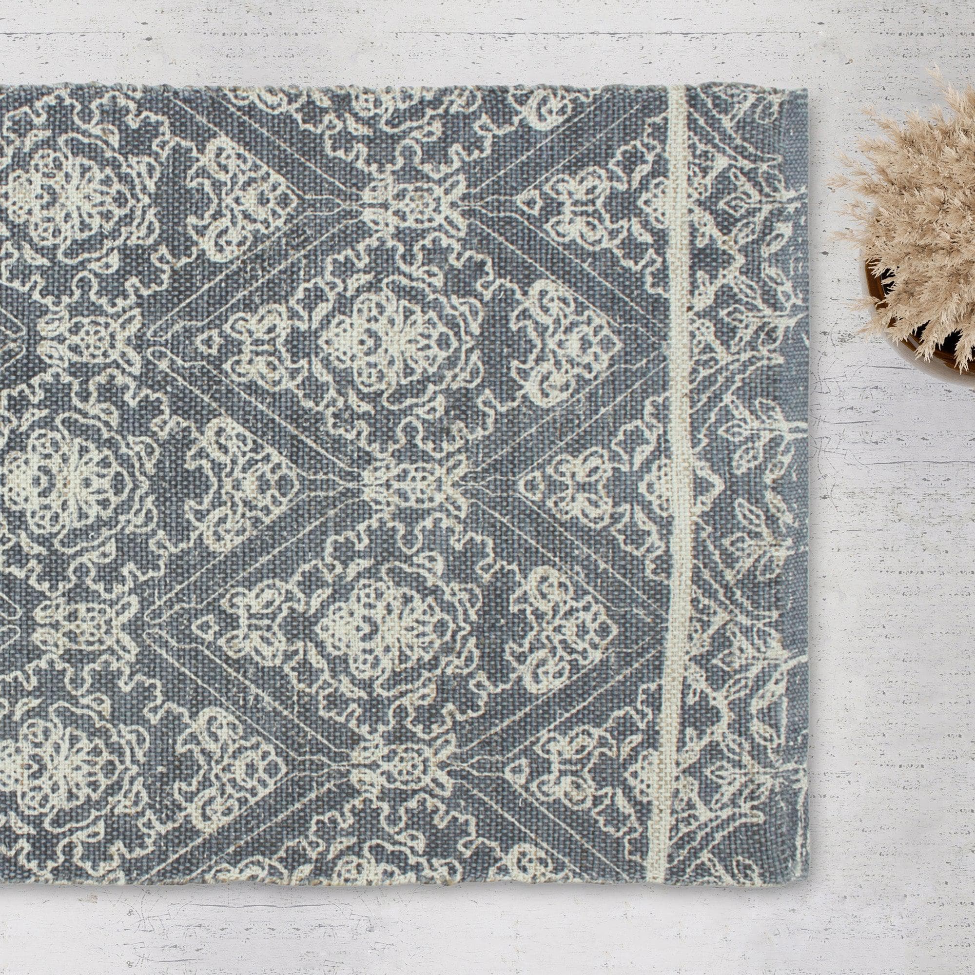 Patina Vie Maison Rugs 3’ x 5’ / Navy Diamond Floral Hand Tufted Cotton/Jute Flatweave Boho Rug