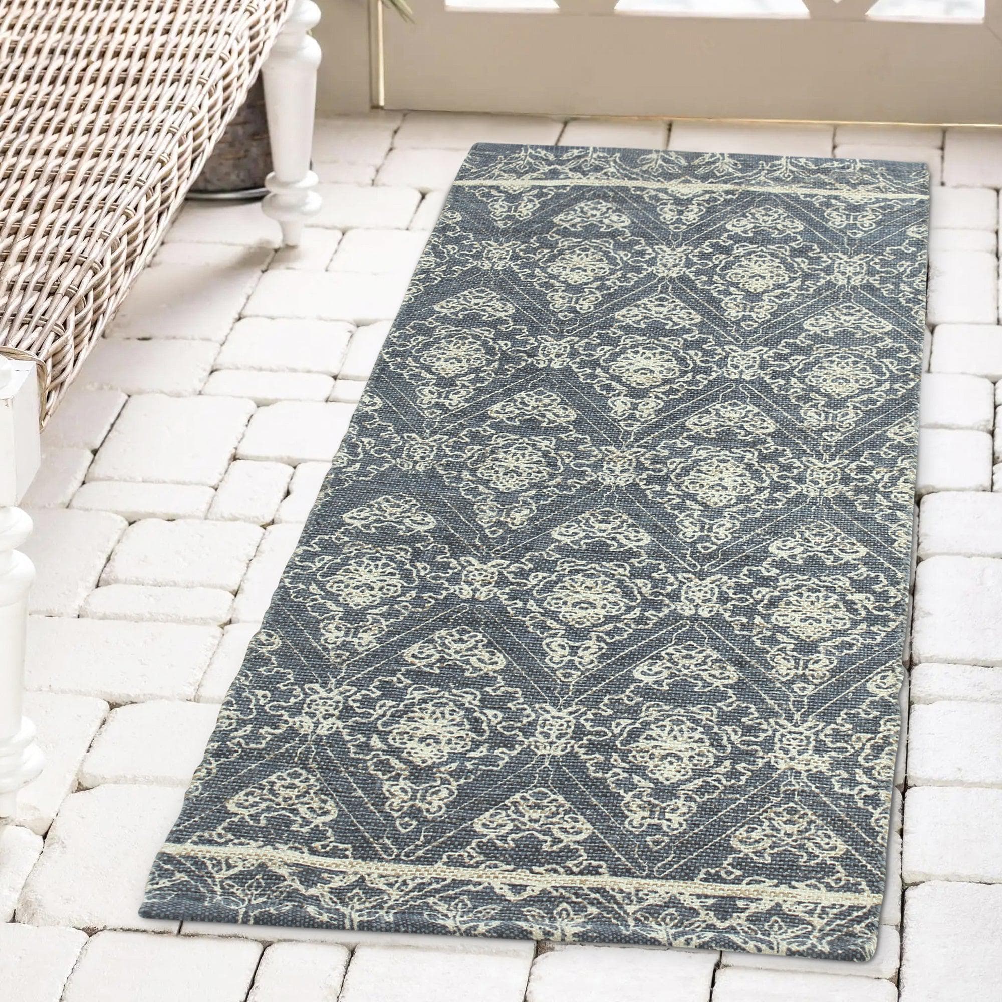 Patina Vie Maison Rugs 2' x 5' / Navy Diamond Floral Hand Tufted Cotton/Jute Flatweave Boho Rug