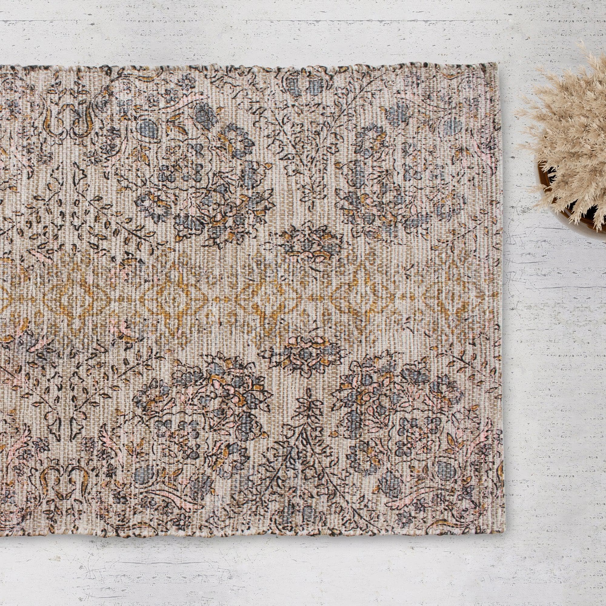 Patina Vie Maison Rugs 2' x 5' / Blue / Brown Large Floral Hand Tufted Cotton/Jute Flatweave Boho Rug