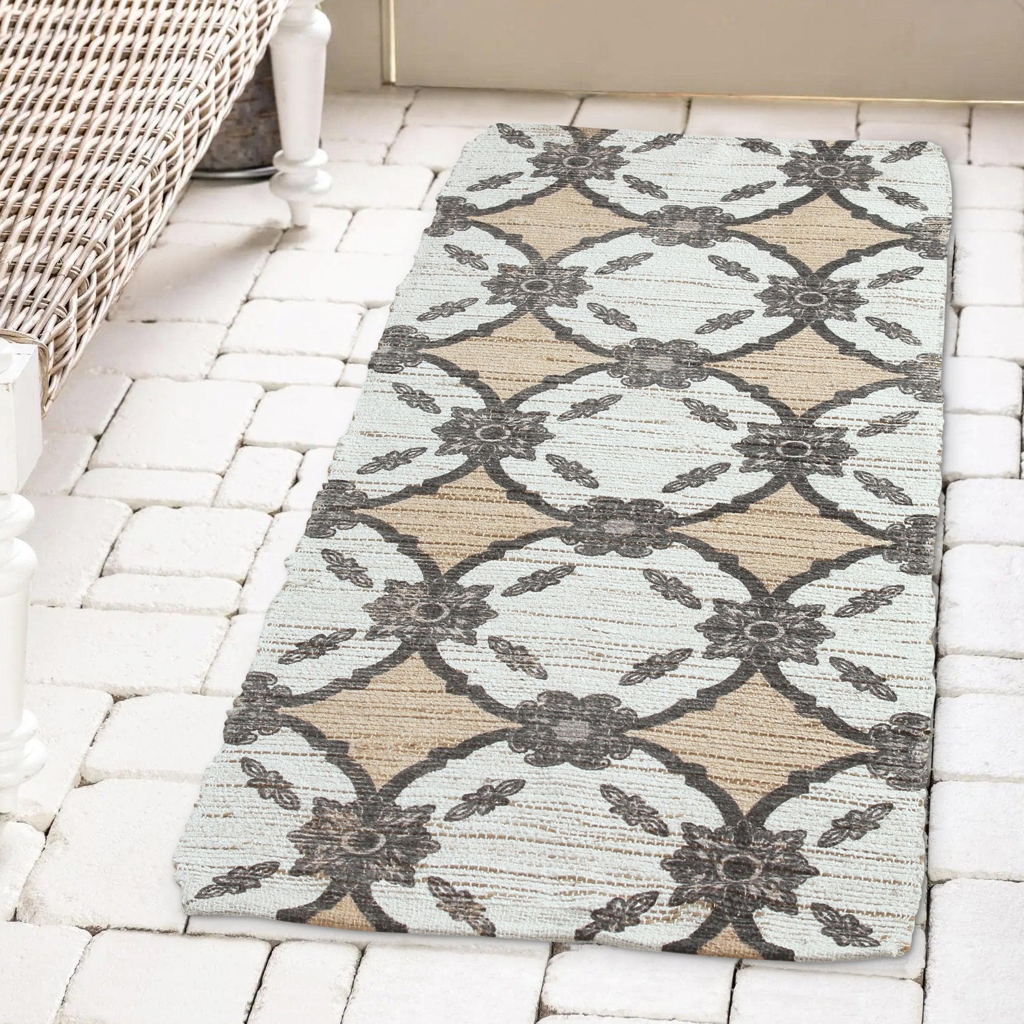 Patina Vie Maison Rugs 2' x 5' / Navy / Ivory Circular Floral Hand Tufted Cotton/Jute Flatweave Boho Rug