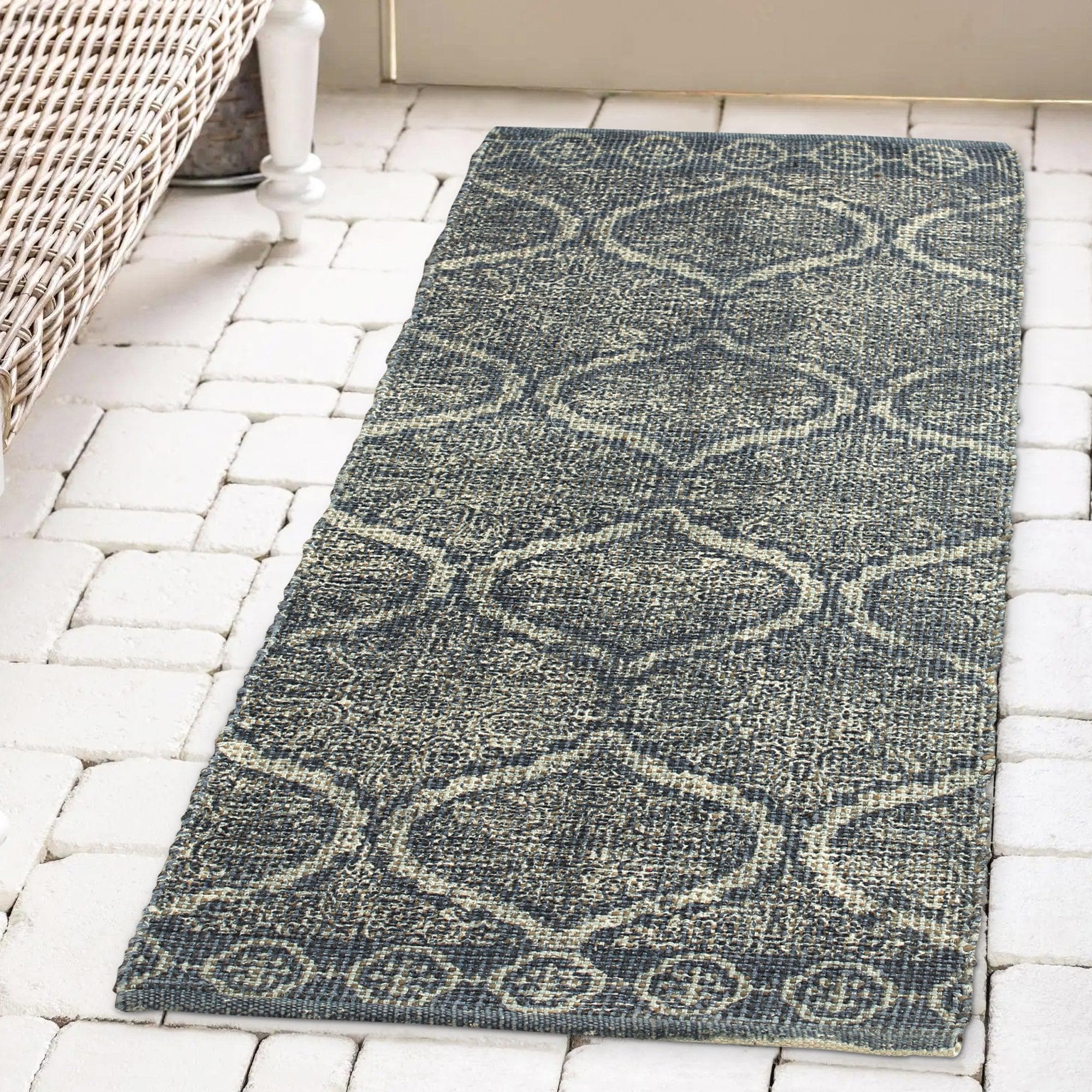 Patina Vie Maison Rugs 2' x 5' / Navy Circular Floral Hand Tufted Cotton/Jute Flatweave Boho Rug