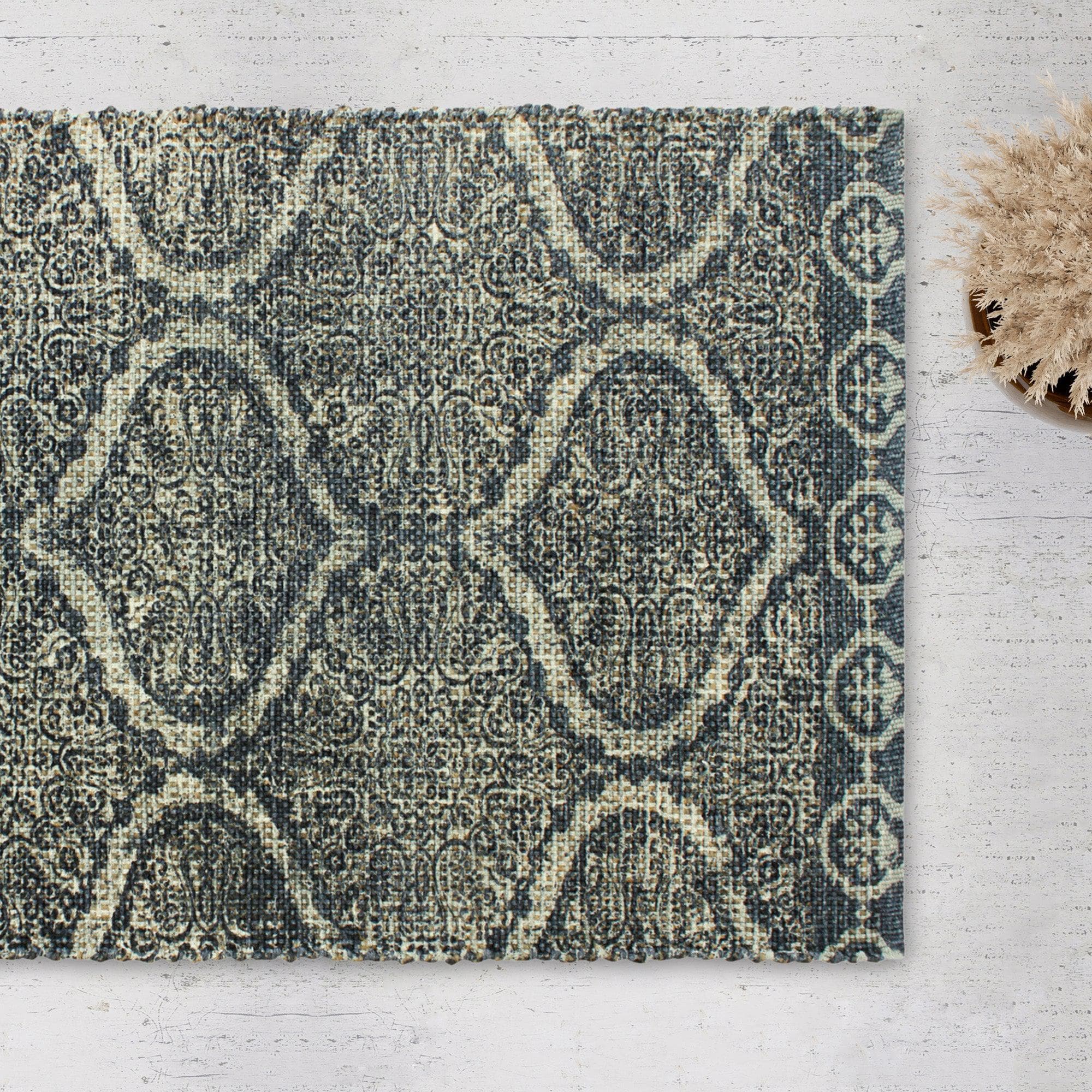 Patina Vie Maison Rugs 3’ x 5’ / Navy Circular Floral Hand Tufted Cotton/Jute Flatweave Boho Rug